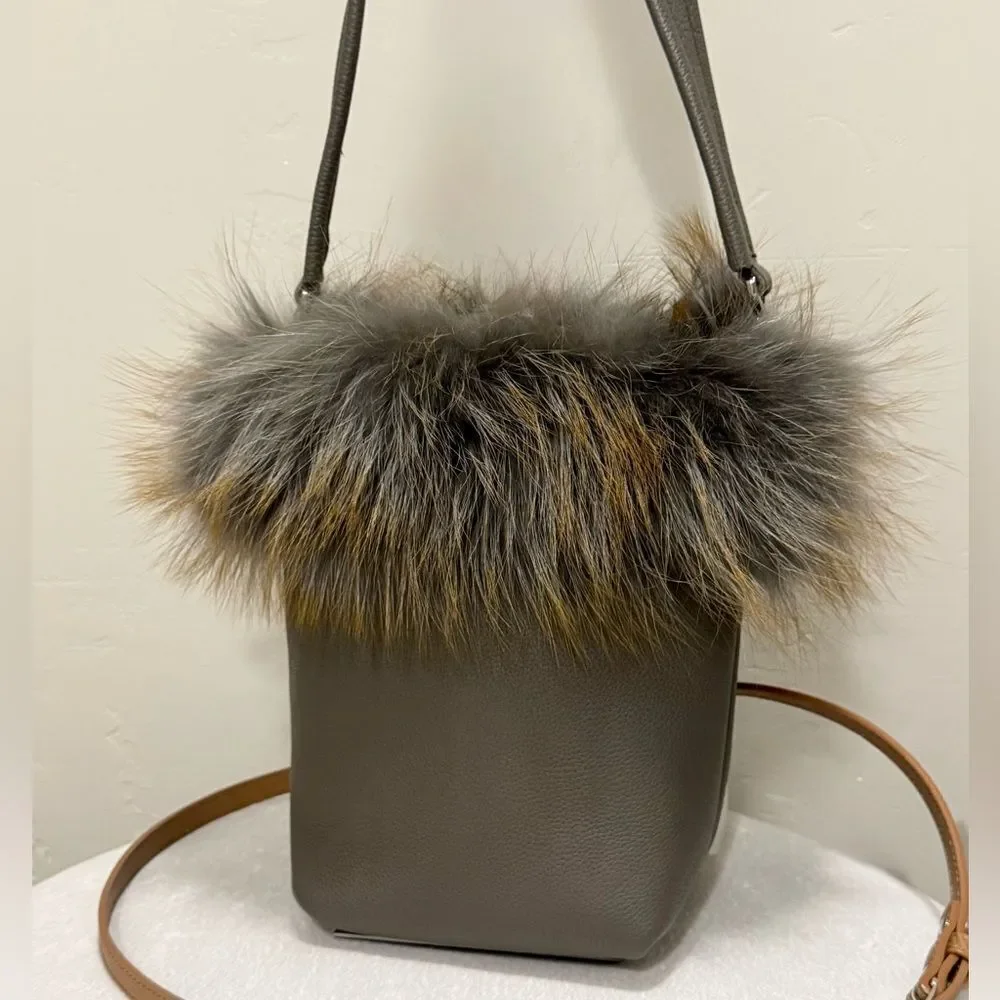 Premium Togo Cowhide with Real Fox Fur Trimmed Handmade Tote Bag/Crossbody